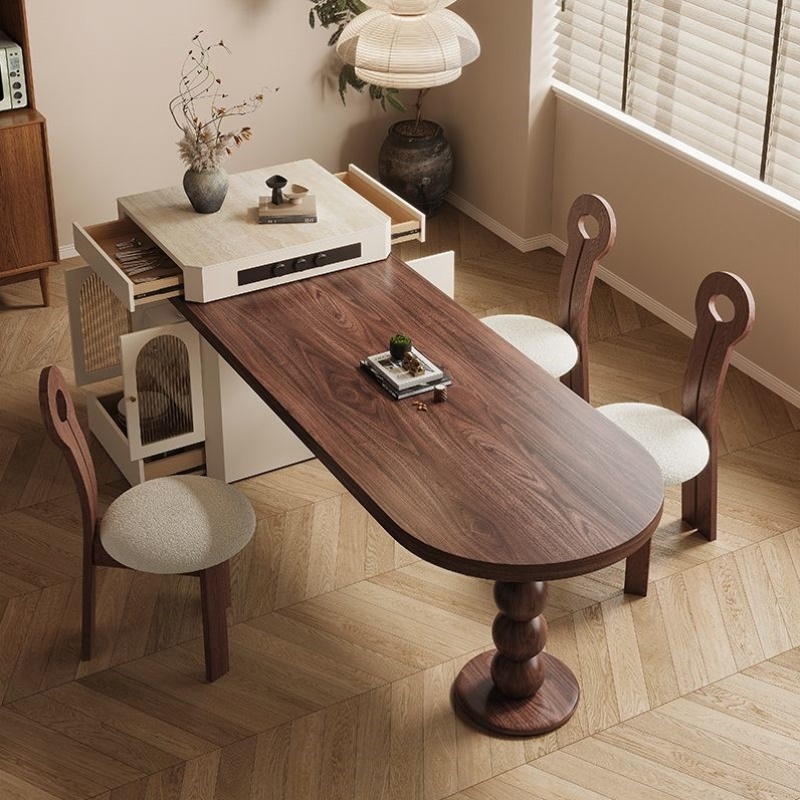 中古风岛台餐桌一体可伸缩家用小户型吧台高端厨房中岛台胡桃木色