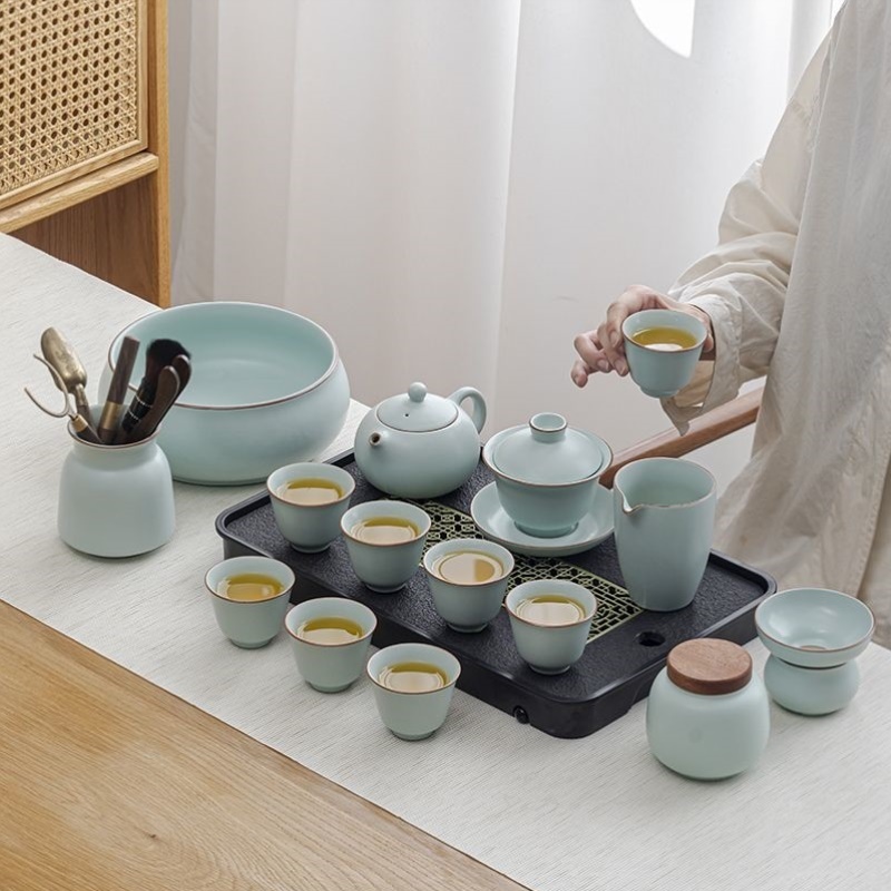 汝窑青瓷整套茶具家用陶瓷功夫茶具盖碗西施壶茶杯简约办公泡茶