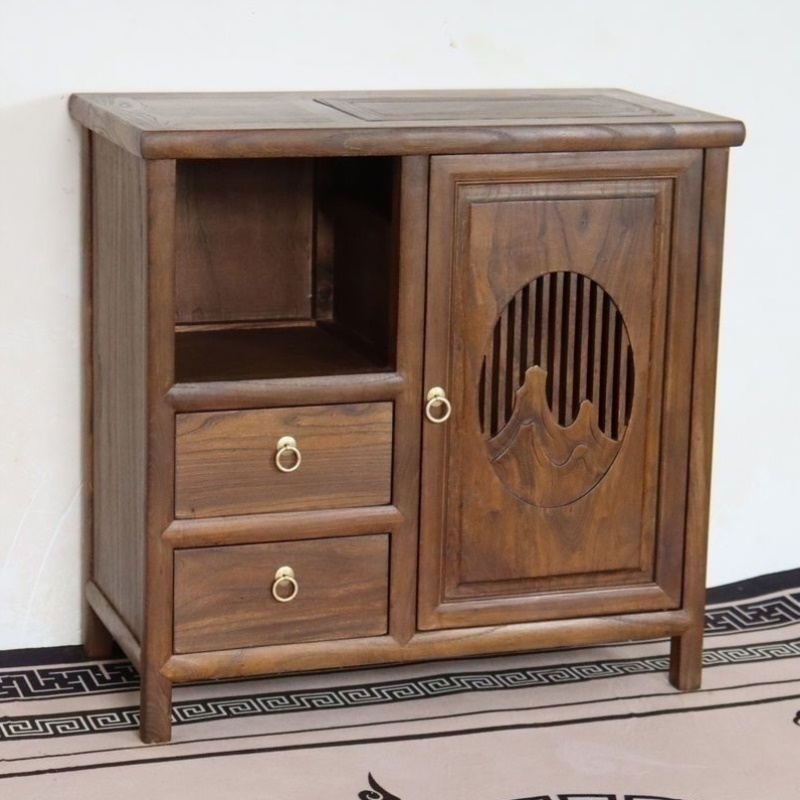 茶水柜实木中式茶吧机中国风客厅嵌入式水壶一体桌边柜榆木新中式