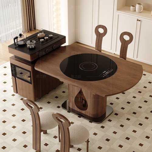 慕兰森岛台岩板茶桌餐桌一体可分离轻奢带暖菜电磁炉转盘伸缩圆桌