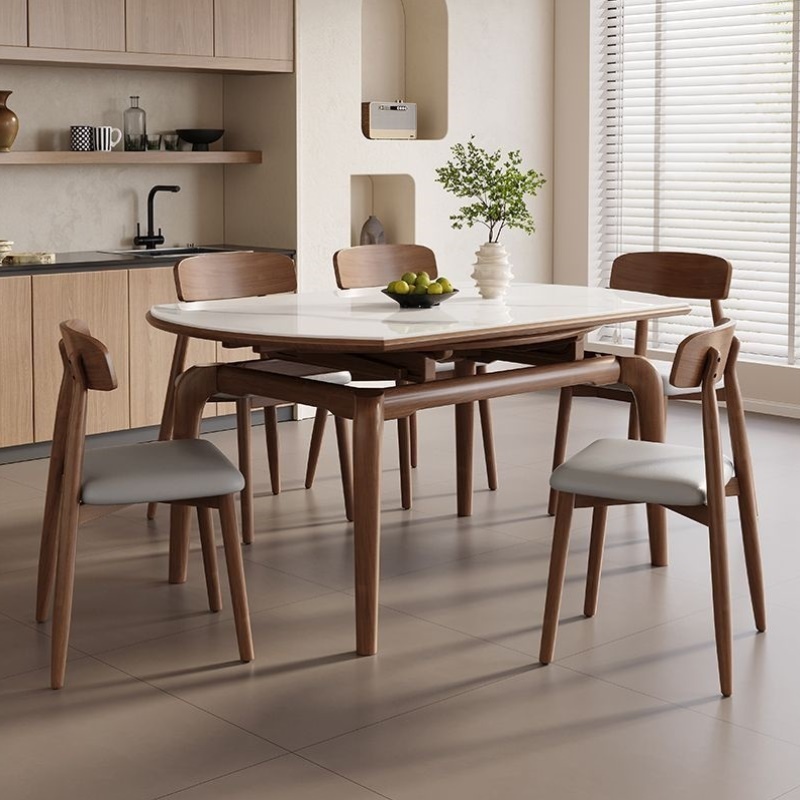 北欧风伸缩岩板餐桌家用小户型方圆两用饭桌现代简约实木折叠桌子