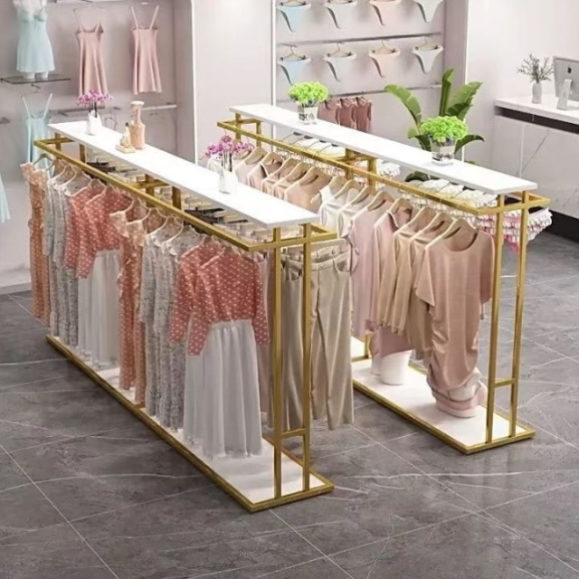 中岛落地服装货架展示架简约男女装晾衣架双排室内外双杠侧挂衣架