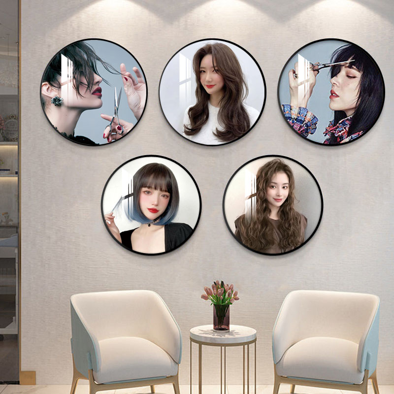 理发店墙面装饰画发廊美发店挂画圆形2022新款美女发型图片墙壁画