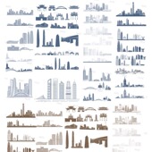 宁波浙江地标志景点建筑旅游地平天际线描稿手绘插画剪影设计素材