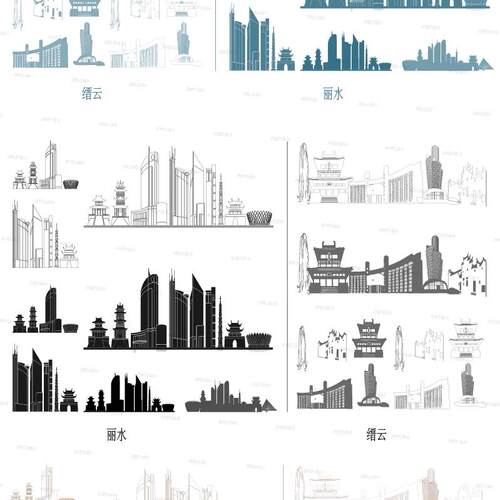 丽水缙云浙江地标志建筑地平天际线描稿插画剪影景点手绘旅游素材