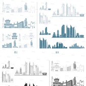 丽水缙云浙江地标志建筑地平天际线描稿插画旅游手绘剪影景点素材