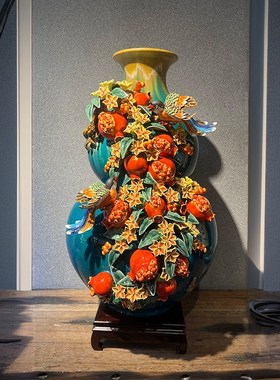 陶瓷葫芦石榴花瓶手工品喜庆风水植物摆件客厅品装饰礼品开业送礼
