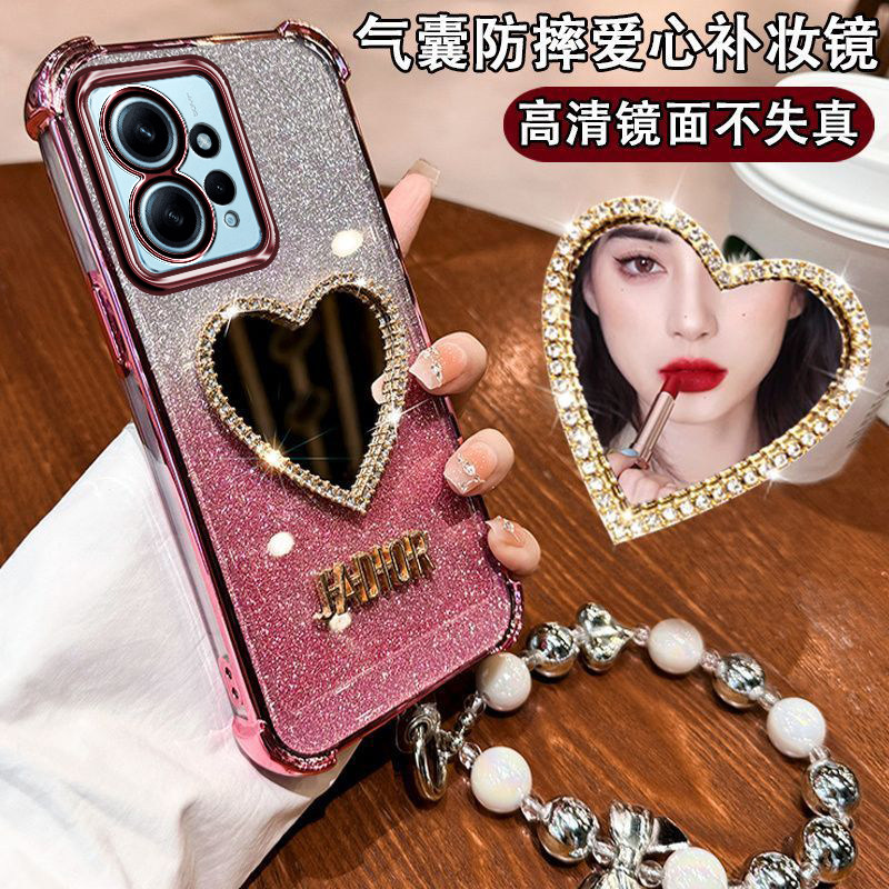 小米红米Note12[4G]手机壳女潮款redmi四角防摔气囊n012 4g镜头全包膜ins镶钻化妆爱心小镜子nte12硅胶高颜值