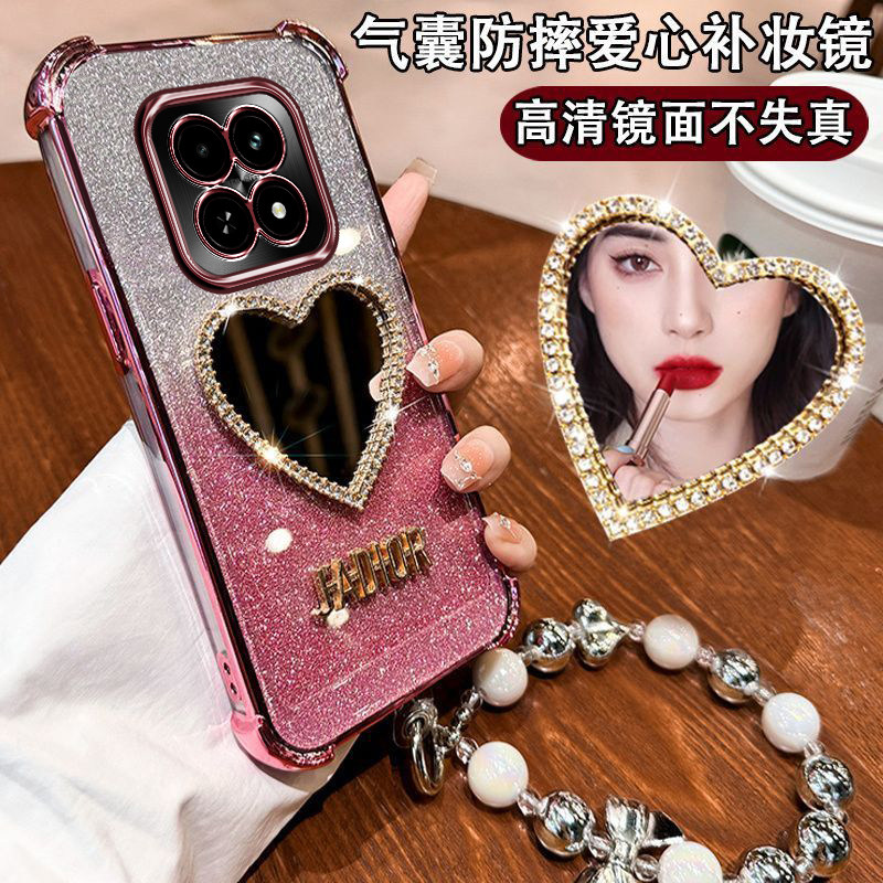 适用小米红米Note15手机壳新款四角气囊防摔Redmi爱心化妆镜子镶钻女5G镜头全包ins高档闪粉手链n0te15保护套