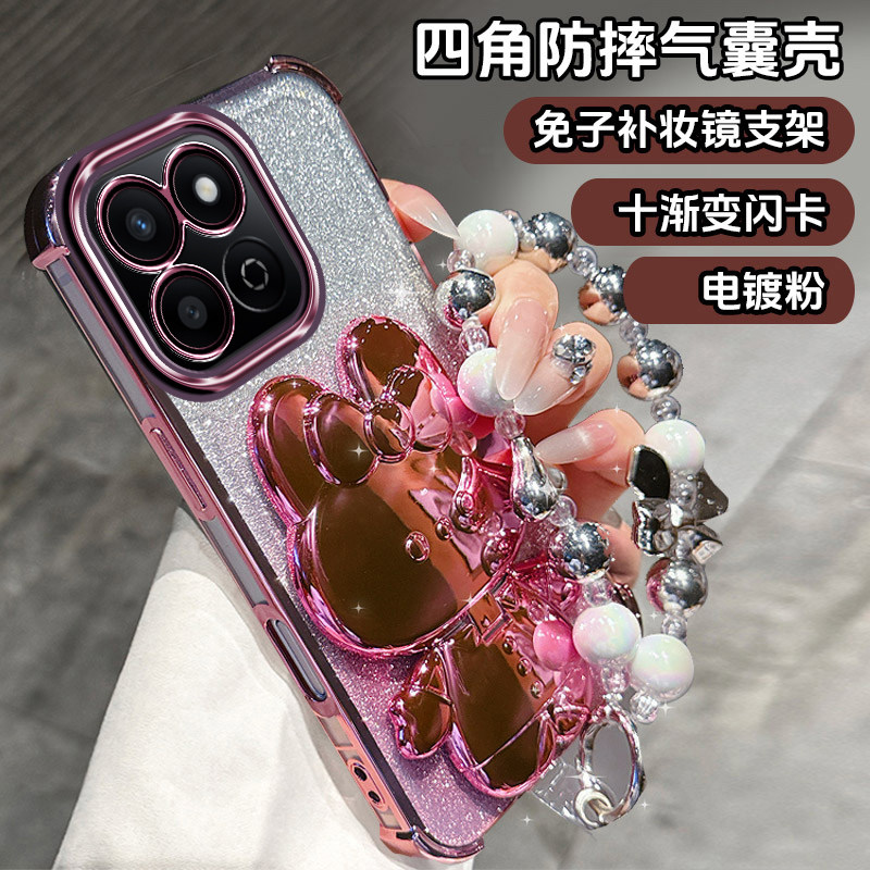 适用华为荣耀play10t手机壳女潮牌LOG一AN10全包防摔honor四角气囊PLAY10T可爱兔子镜面支架5g闪粉高档带手链