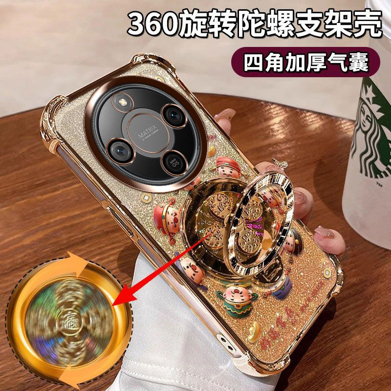 适用华为荣耀X70手机壳闪金财神镜头膜保护MTN-AN00全包防摔四角气囊honor好运常在软胶5G财源滚滚陀螺支架潮