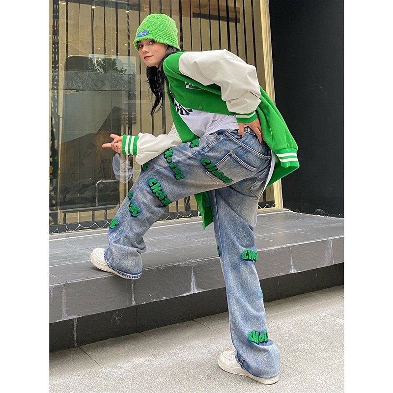 速发Embroidery high set style hiphop flocking jeans autumn w
