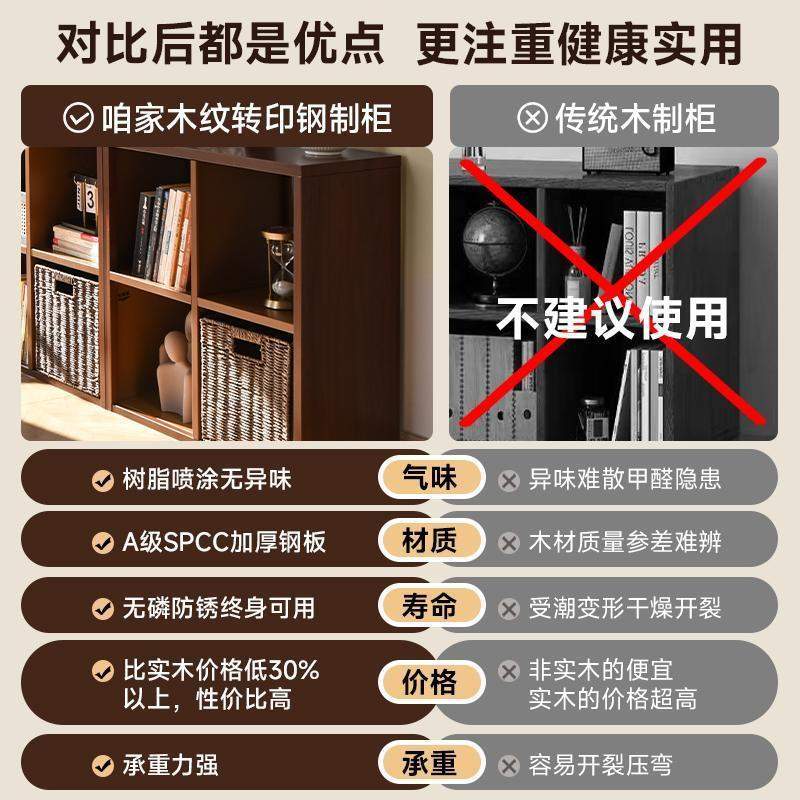 加漫落地钢制格子柜木纹整墙落矮置物架地客厅收纳柜自由组合书柜