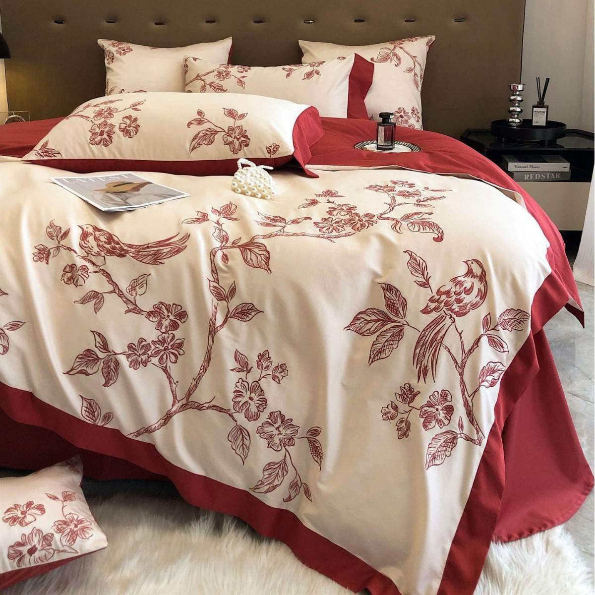 法式田园复古100支贡缎澳棉四件套纯棉花鸟刺绣被套床上用品