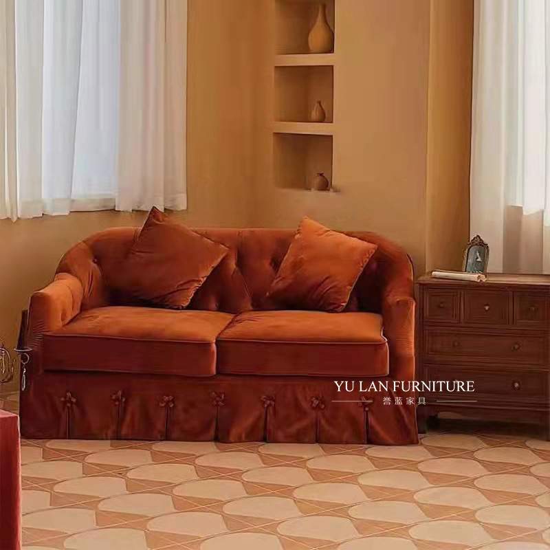 法式复古拉扣中古客厅小户型美式轻奢民宿丝绒三人布艺沙发拍摄