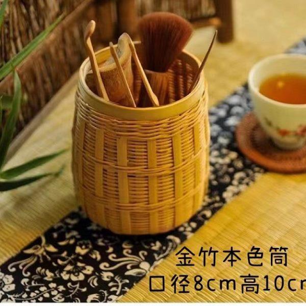 竹编学生笔筒化妆刷桌面收纳整理茶道筒零配件金竹工艺品竹制藤编