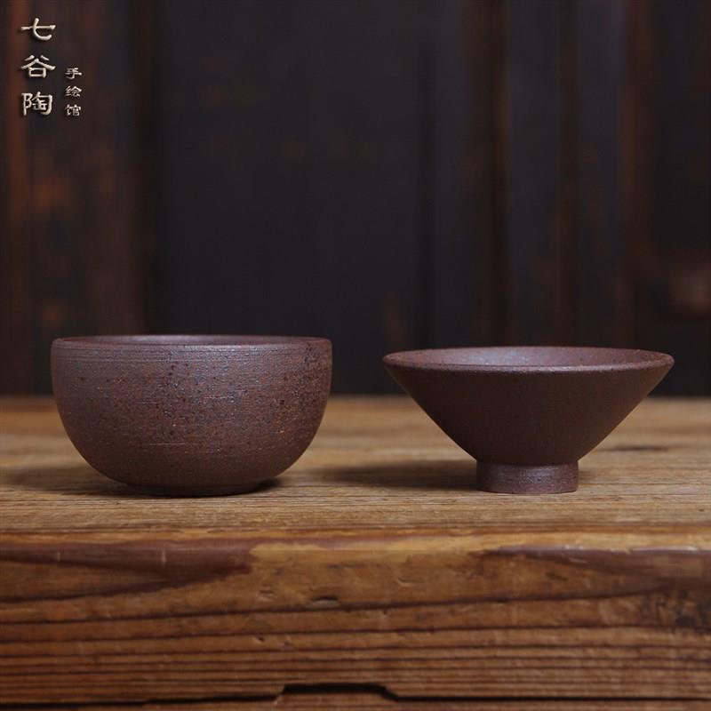 纯手工粗陶复古岩泥茶杯主人杯柴烧茶碗功夫斗笠杯品茗杯个人单杯