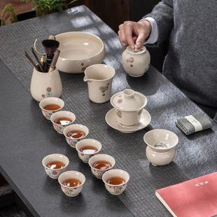 仿古盖碗茶杯陶瓷家用复古三才碗中式 草木灰功夫茶具套装 泡茶器组