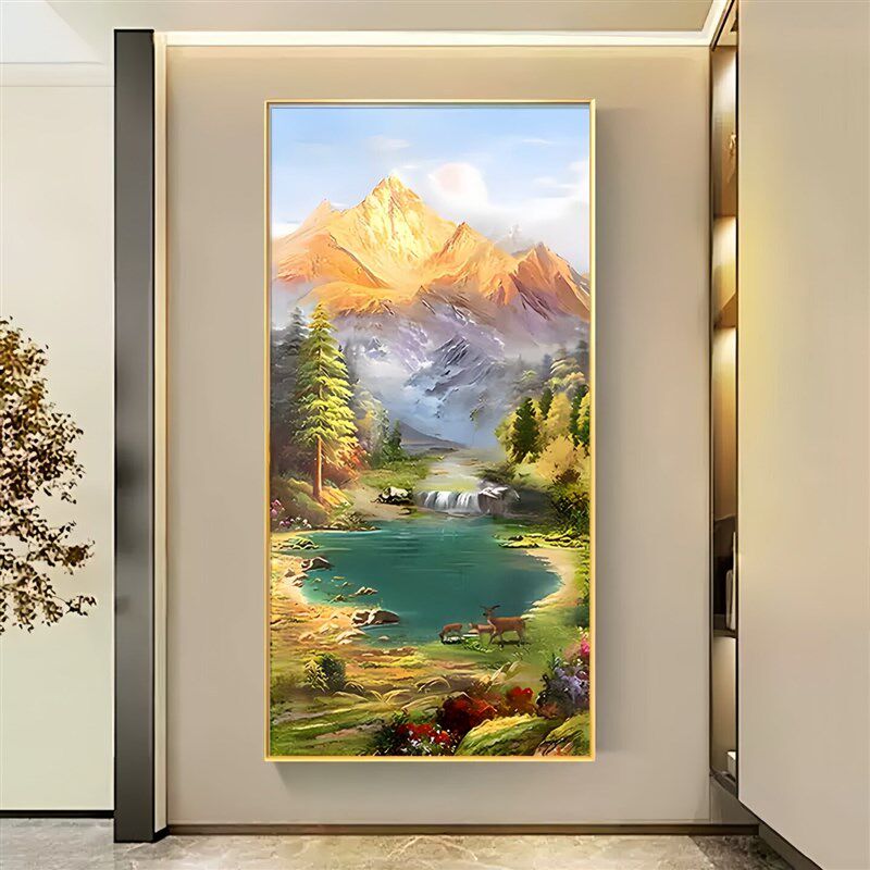 玄关装饰画八方聚财山水画聚宝盆竖版风景挂画正对门走廊过道壁画