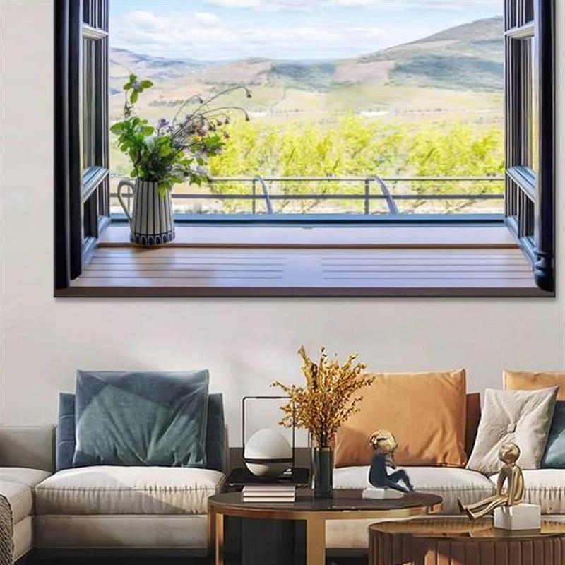 假窗户装饰画空间延伸感客厅挂画真开窗遮挡挂布灯光窗外风景画