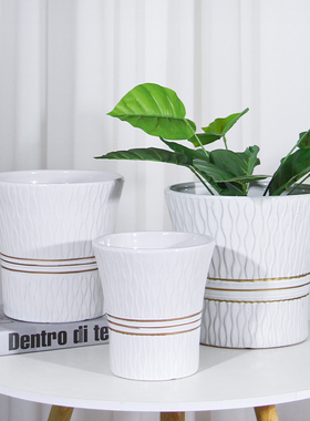 陶瓷花盆托盘轻奢高级感纯白色蝴蝶兰花绿萝多肉大小盆栽家用桌面