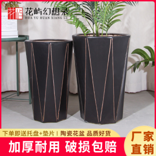 陶瓷特大号花盆黑色八方轻奢家用阳台落地大盆几何花瓶种树盆