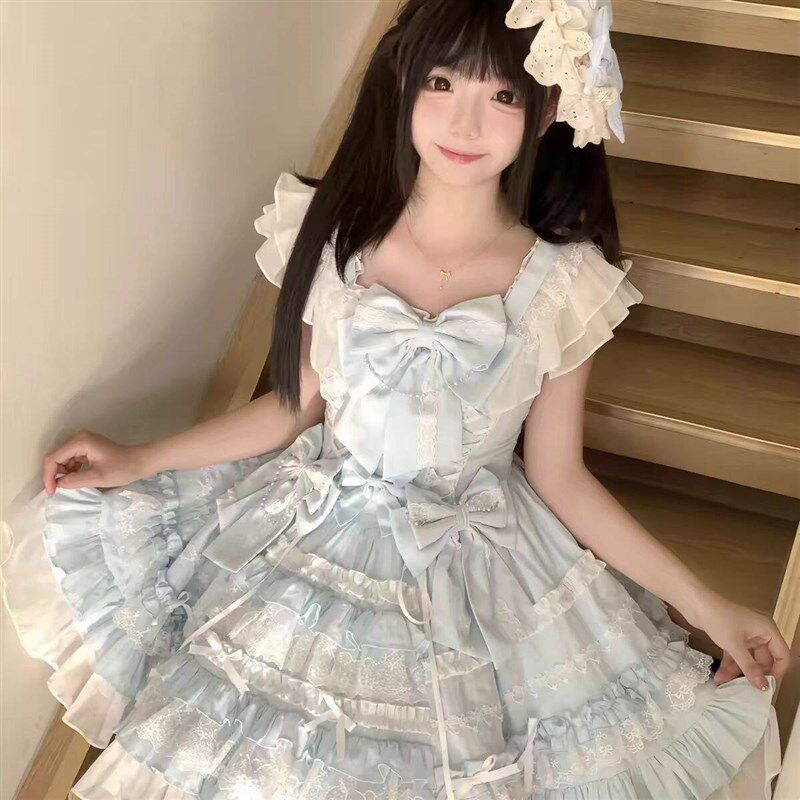 雪顶娃娃Lolita洋装蓝色doll感蕾丝蛋糕公主感jsk吊带洋装夏季