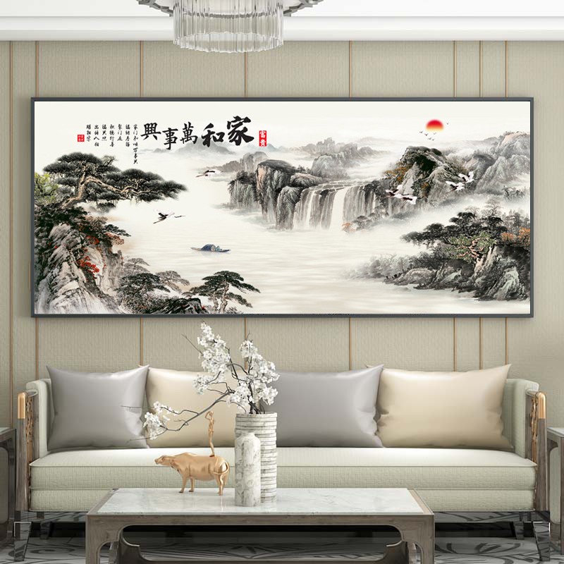 新中式山水画客厅挂画背景墙装饰画中堂壁画风景画国画办公室字画