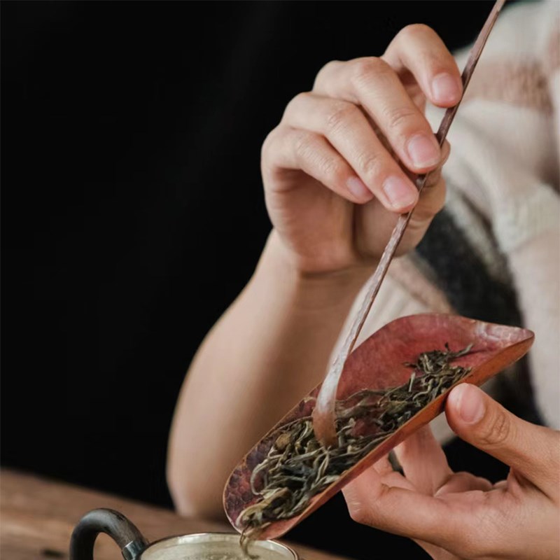 紫铜嵌银茶则茶拨纯手工铜茶具零配两件套茶则茶拨赏茶器茶荷茶勺