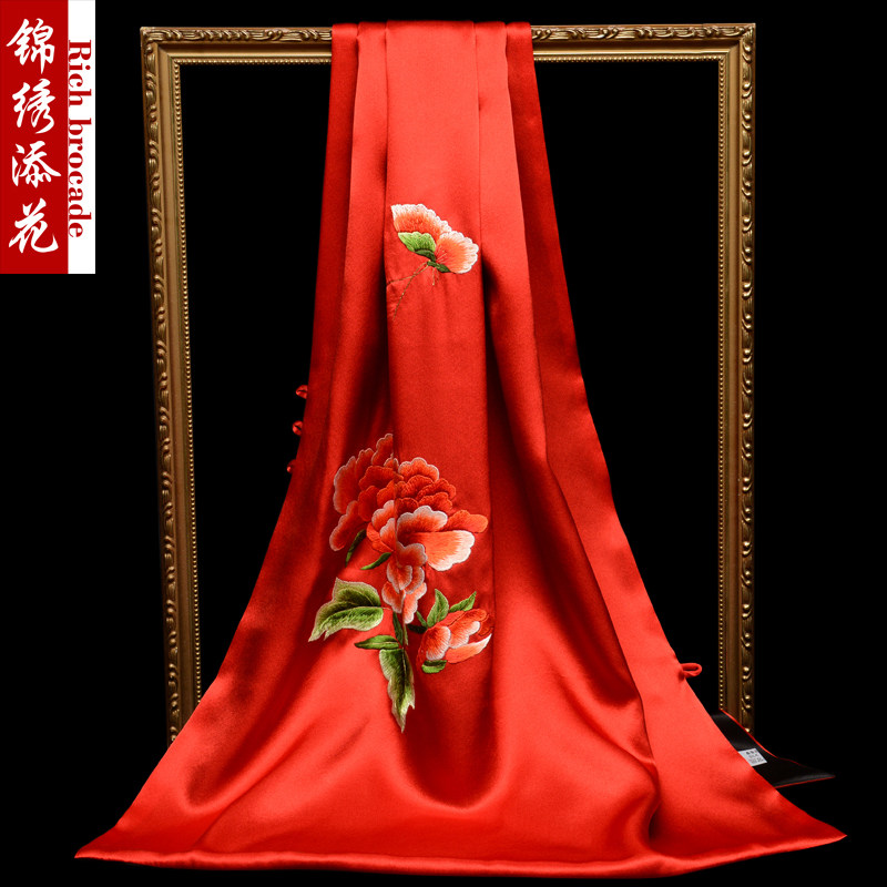 手工苏绣旗袍披肩婚礼妈妈女春季丝巾送礼真丝围巾喜婆婆披肩外搭