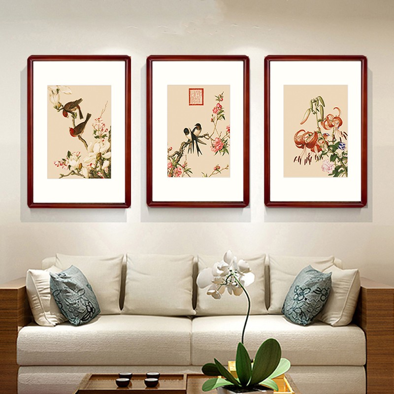 新中式客厅装饰画沙发背景墙挂画郎世宁三联画张大千国画餐厅壁画