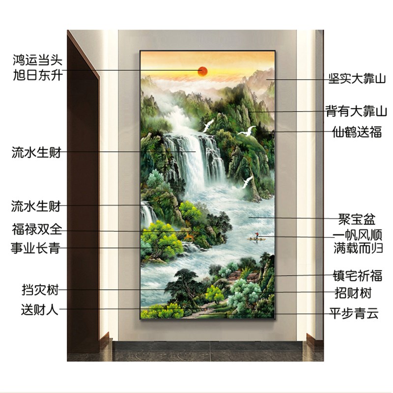 2023入户玄关壁布竖版寓意好招财山水国画过道墙布壁纸新中式壁画