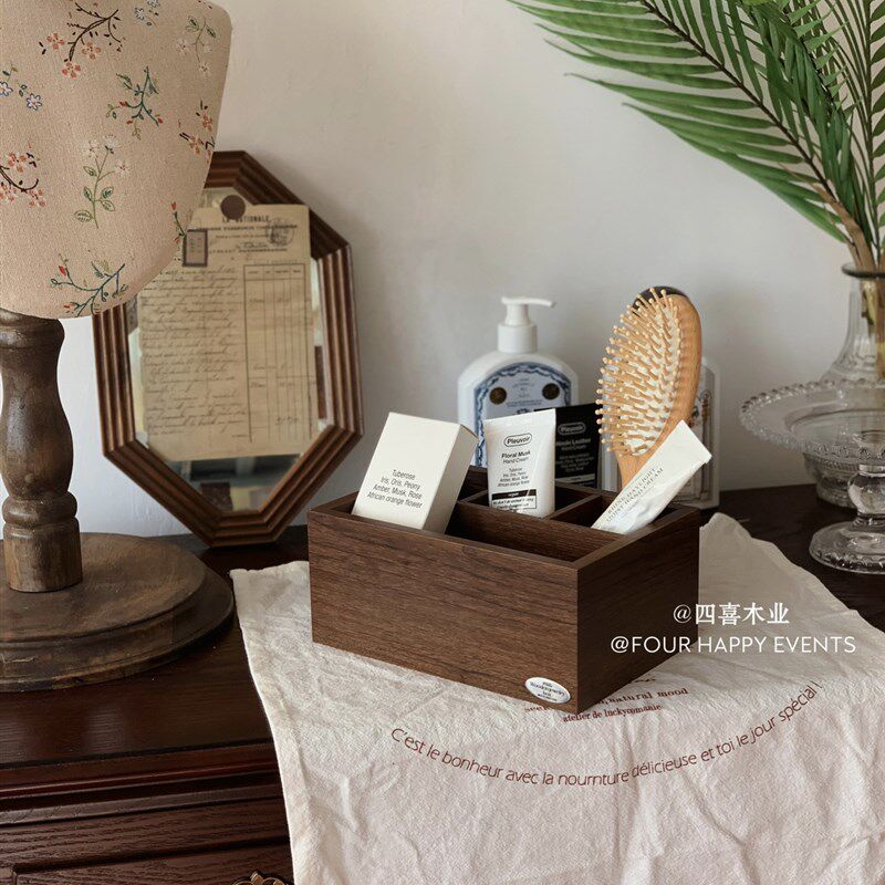 木质桌面收纳摆件化妆刷办公室收纳化妆刷卧室复古香水梳妆柜子