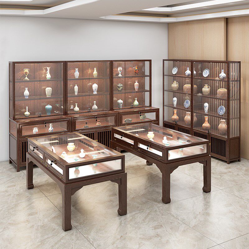 中式实木古建筑寺庙文化产品博物馆陈列柜珠宝石中医院玻璃展示柜