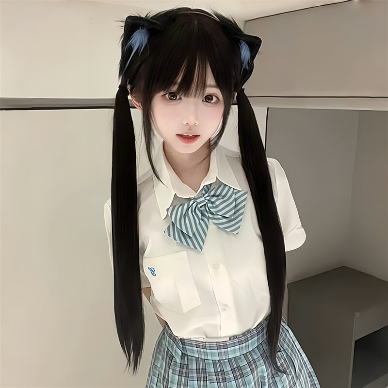 轻丝假发女长发85cm网红lolita长直发自然黑色齐刘海全头套jk少萝