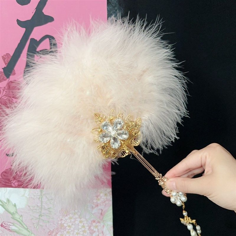 洛丽塔舞蹈旗袍走秀折扇羽毛扇复古汉服仙气蕾丝怀旧扇子摄影拍摄