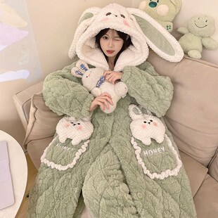 三层夹棉袄睡袍长款冬季加绒加厚睡衣女冬天珊瑚绒可爱家居服套装