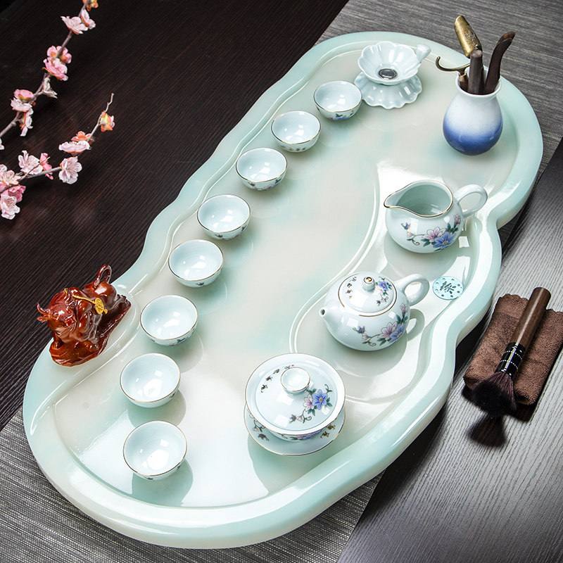 玉石茶盘欧式防石创意功夫茶具家用小型茶海茶台茶托盘简约排水式