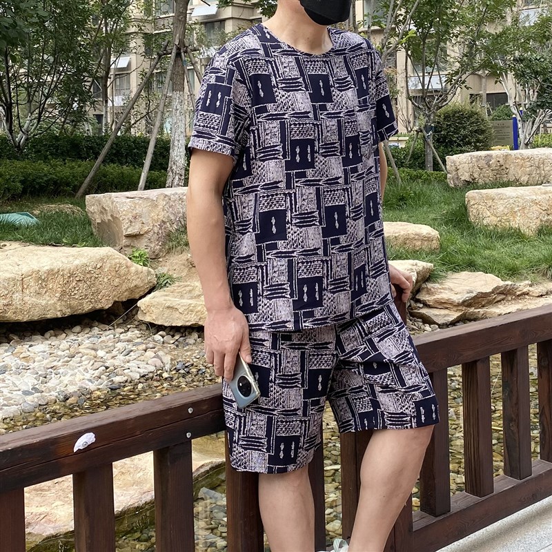 夏季中老年男士绵绸套装爸爸装棉绸人造棉睡衣家居服短袖短裤大码