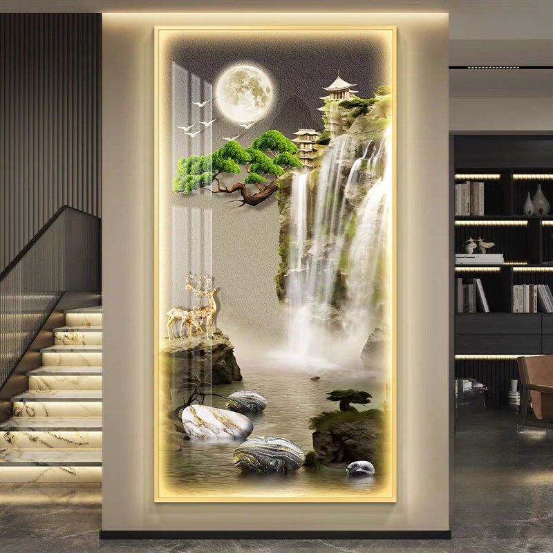 流水生财轻奢高端玄关画入户门装饰画新中式山水风景LED带灯壁画