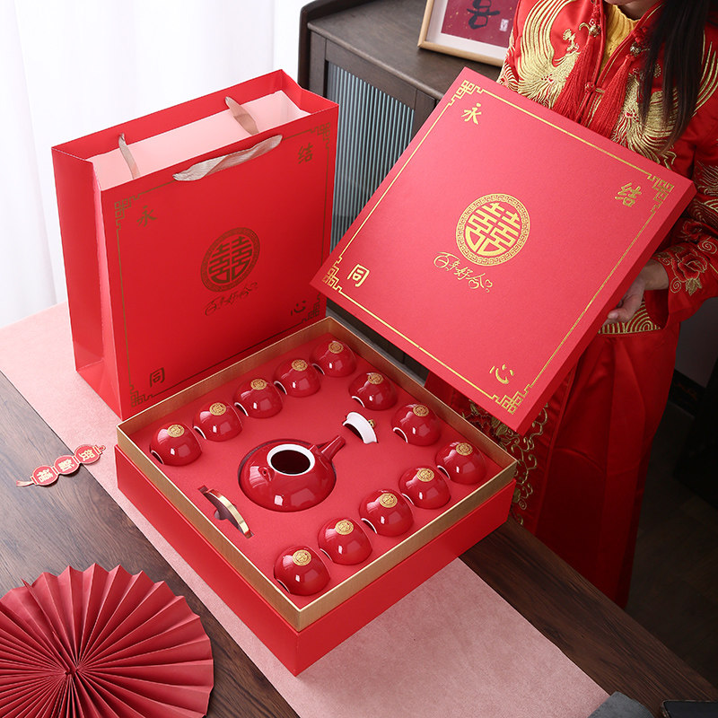 结婚茶具套组一壶十二杯大套红色中式改口敬茶杯提梁茶壶托盘礼盒