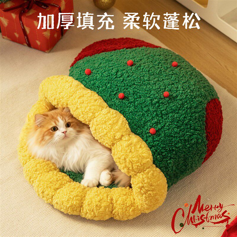 圣诞猫窝冬季新型保暖半封闭式猫屋猫睡袋深度睡眠可钻隧道被子窝