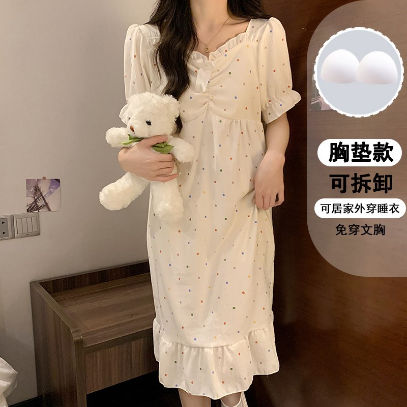 带胸垫睡裙女夏季2025新款波点印花薄款中长版裙子短袖睡衣家居服