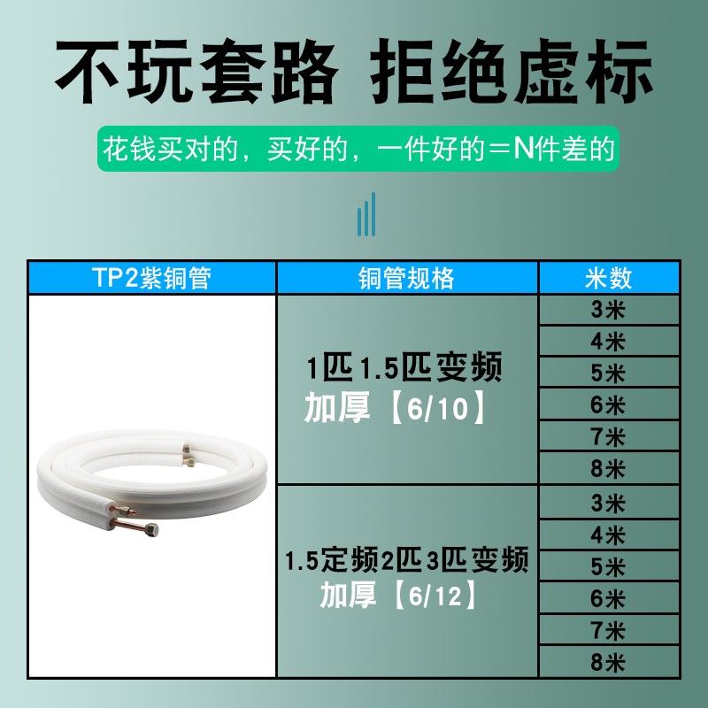 空调铜管连接管加厚纯紫铜管成品1匹/1.5/2P/3/5匹延长管通用管子