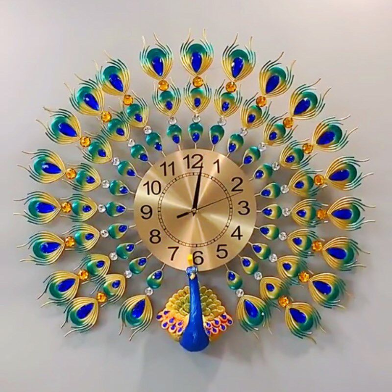 创意孔雀开屏欧式超大挂钟 现代简约钟表镶钻静音钟 客厅装饰时钟