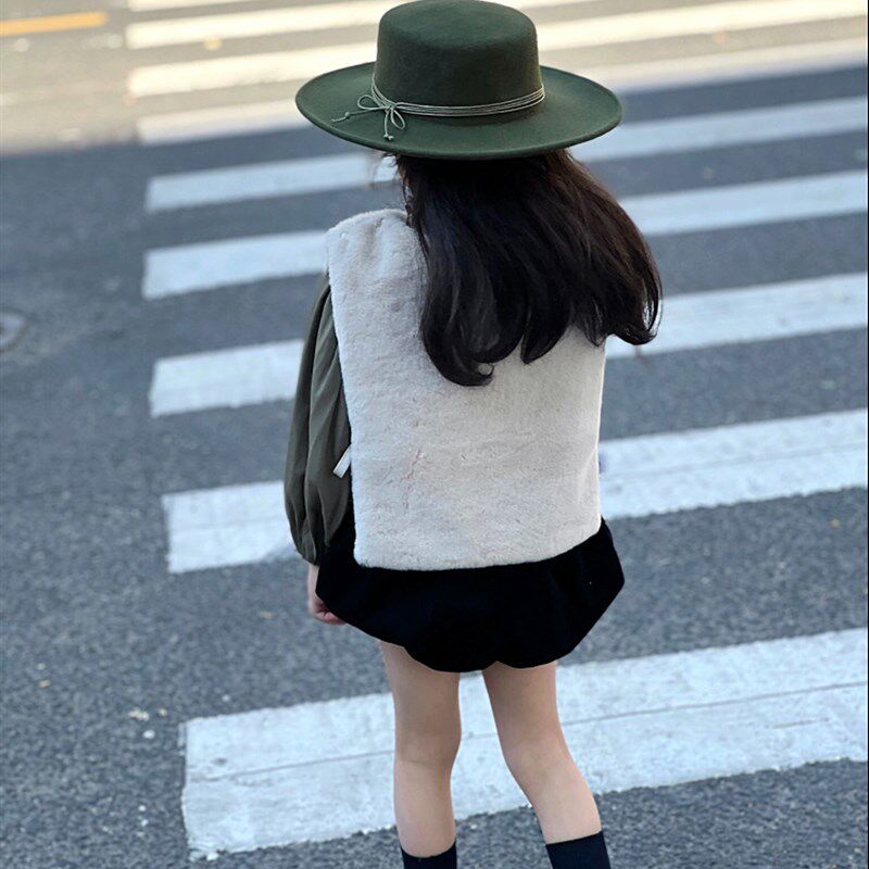 韩国秋冬新品 儿童军绿色时尚百搭平顶羊毛毡帽 女宝绑带毛呢礼帽
