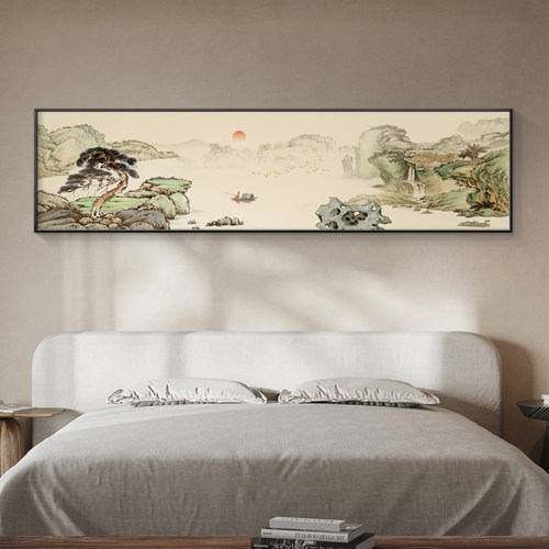 流水生财卧室画装饰画主卧床头挂画横款山水画次卧背景墙壁画招财
