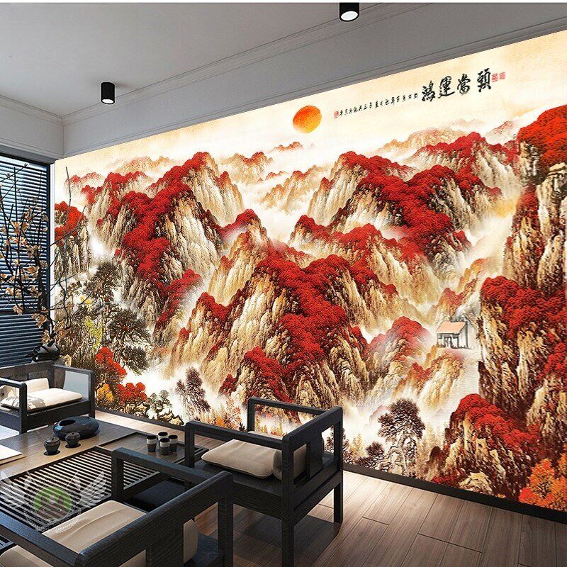 新中式鸿运当头山水画 画壁布3D客厅沙发背景墙装饰壁画 画中式定