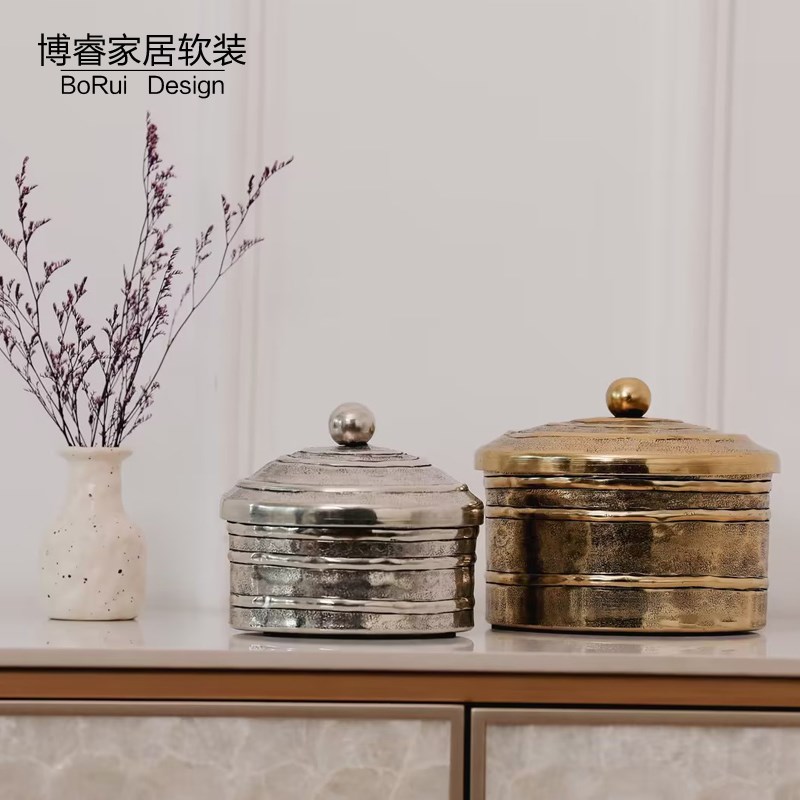 印度进口横条锤纹金色银色收纳罐金属圆形储物装饰盒家居桌面摆件