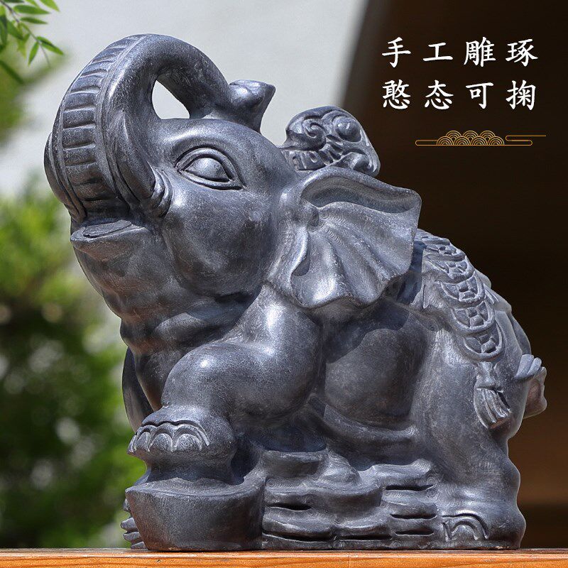 石头石雕象青石大象一对看门门口象青石石材大象摆件庭院原石雕刻